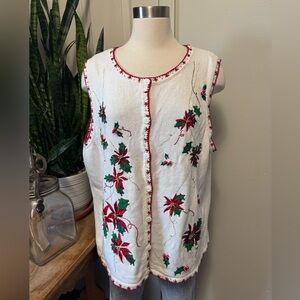 Vintage Poinsettia Embroidered vest Holiday Knit Vest‎ Beaded 2X Festive Style